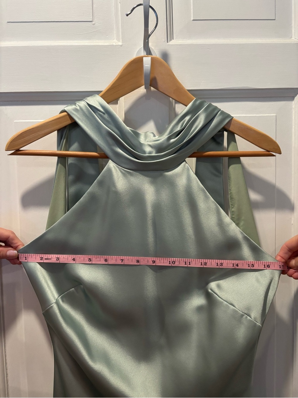 Aqua by Bloomingdale’s Sage Green Satin Halter Maxi Gown Formal Dress Size 4 - Picture 10 of 17